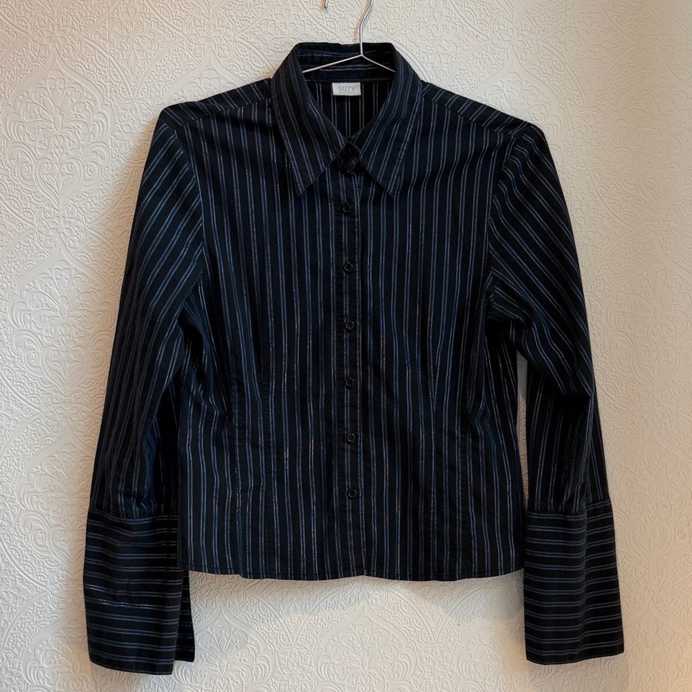 Suzy Shier Black and Blue Striped Shirt
